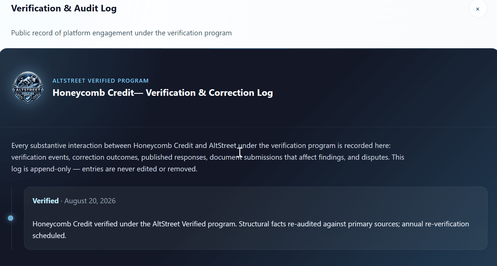The Verification & Correction Log as it appears on an AltStreet review — verified event entries on an append-only timeline