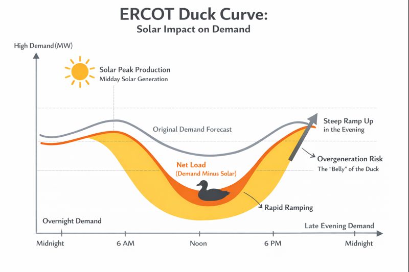 ERCOT duck curve showing midday solar-driven net load dip and steep evening ramp that batteries can arbitrage